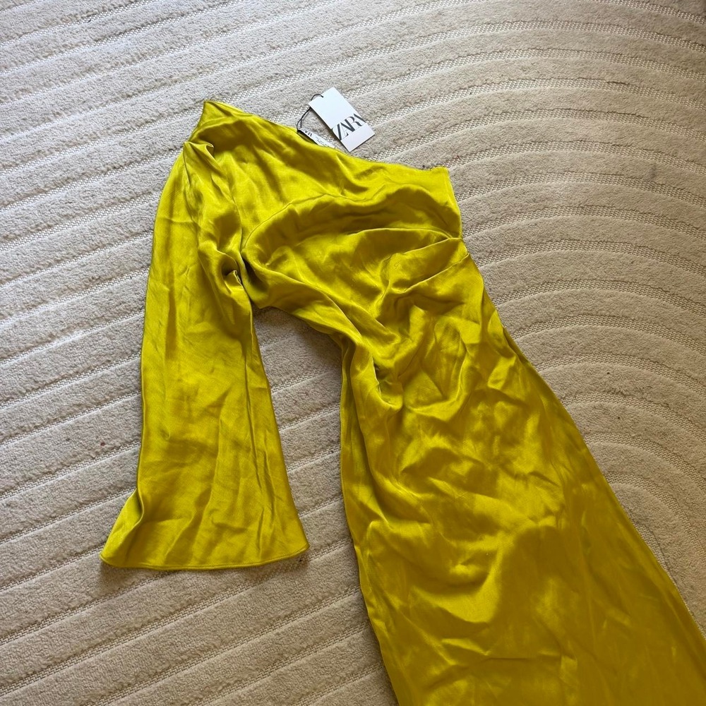 Zara NWT Women's Lime Green One Shoulder Satin Dress size L Glam Party Wedding